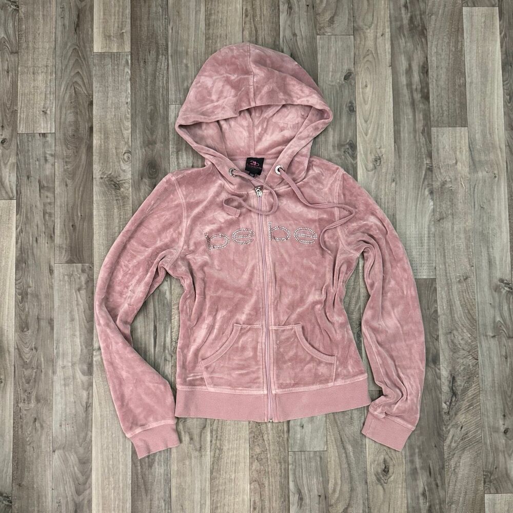 Bebe pink vintage y2k rhinestone velour hooded zip up